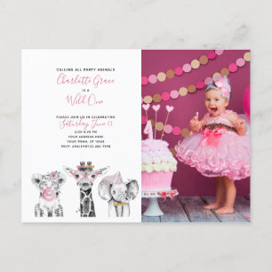 Black White Vild One Girl's First Birthday Photo Inbjudan Vykort