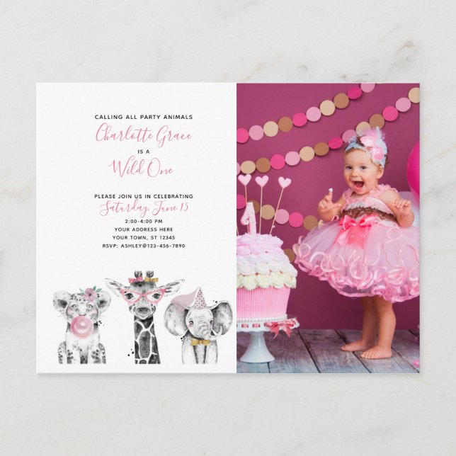 Black White Vild One Girl's First Birthday Photo Inbjudan Vykort (Framsida)