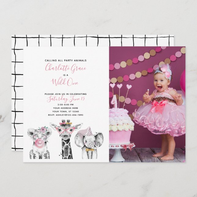 Black White Vild One Girl's First Birthday Photo Inbjudningar (Fram/baksida)