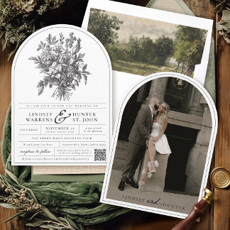 Black & White Vintage Floral Photo Arch Wedding Inbjudningar