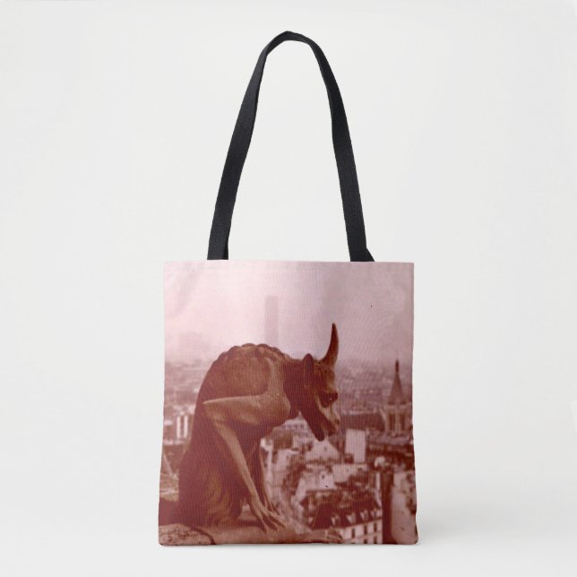 Black & White Vintage Paris Photo Gargoyle Tote Tygkasse (Framsida)