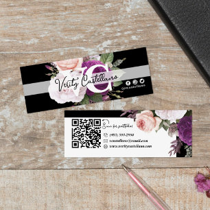 Black White Vintage Ro Blommigt Modern Personal QR Mini Visitkort