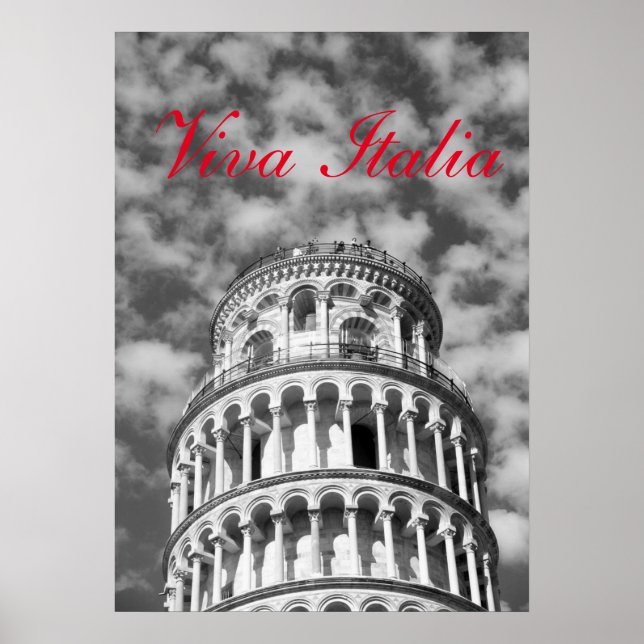 Black White Viva Italia Leaning Torn i Pisa Poster (Framsidan)