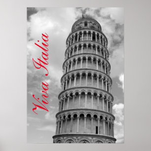 Black White Viva Italia Leaning Torn i Pisa Poster