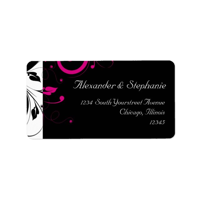 Black +White w/Fuchsia Reverse Swirl Bröllop-etike Adressetikett (Framsidan)