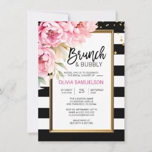 Black White Watercolor Rosa Blommigt Brunch & Bubl Inbjudningar