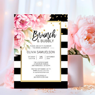Black White Watercolor Rosa Blommigt Brunch & Bubl Inbjudningar