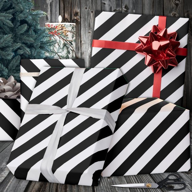 Black White Wide Rand Helgdag Presentpapper (Black White Wide Stripe Holiday Wrapping Paper in 6 and 15 foot 30 Inch Width Rolls.)