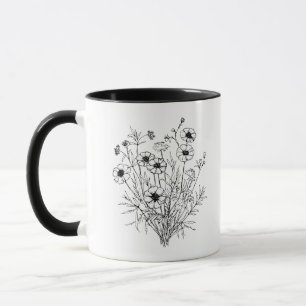 Black White Wildblommor Line Art Mugg