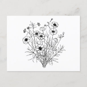 Black White Wildblommor Line Art Vykort