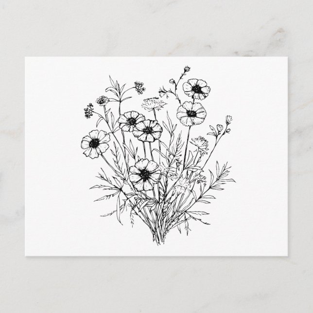 Black White Wildblommor Line Art Vykort (Framsida)