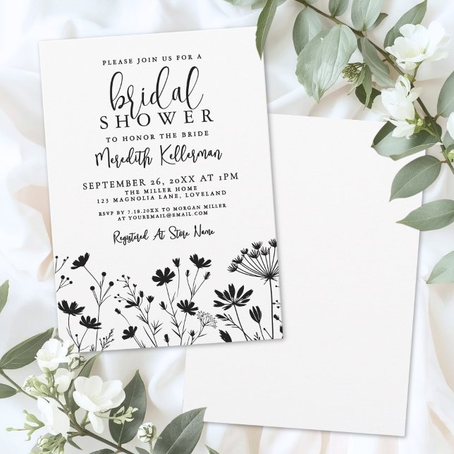Black White Wildflower Bridal Shower Inbjudningar (Black White Wildflower Bridal Shower Invitation)
