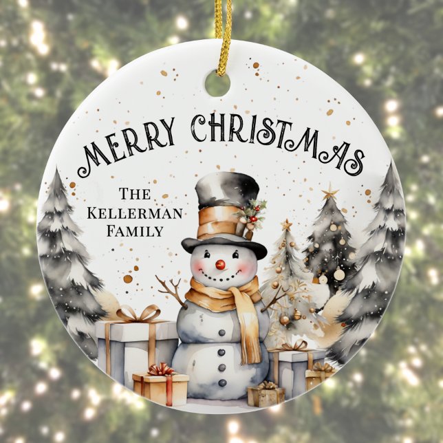 Black White Winter God jul Julgransprydnad Keramik (Black White Winter Snowman Merry Christmas Ceramic Ornament )