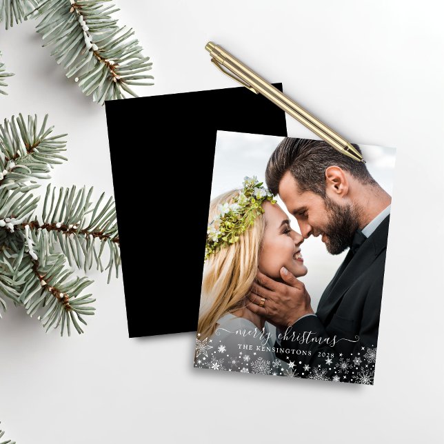 Black White Winter Snöflingor-julfoto (Black White Winter Snowflakes Christmas Photo Holiday Card)