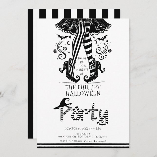 Black & White Witch Ben Whimsical Halloween fest Inbjudningar (Fram/baksida)