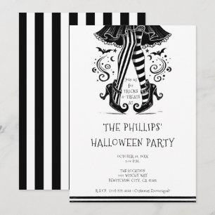 Black & White Witch Ben Whimsical Halloween fest Inbjudningar