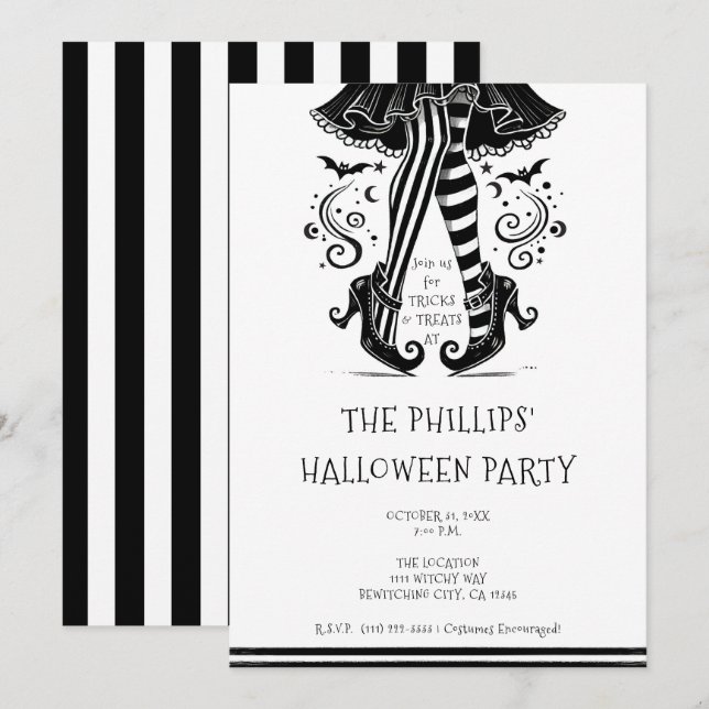 Black & White Witch Ben Whimsical Halloween fest Inbjudningar (Fram/baksida)