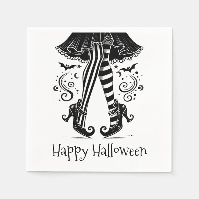 Black & White Witch Ben Whimsical Halloween fest Pappersservett (Framsidan)