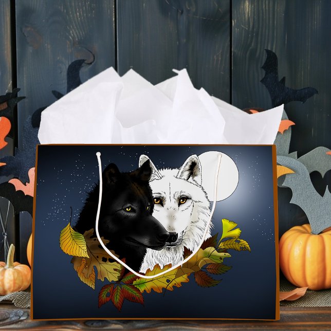 Black White Wolves Moonlight Autumn Leaves (Skapare uppladdad)