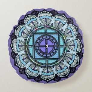 Black White Yin Yang på Lavender Aqua Mandala Rund Kudde