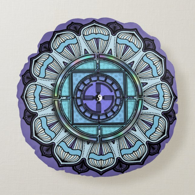 Black White Yin Yang på Lavender Aqua Mandala Rund Kudde (Framsidan)