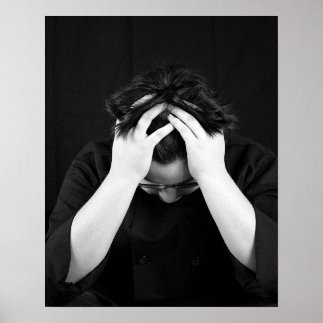 Black & White Young Man Head i Händer 16 x 20 Poster (Framsidan)