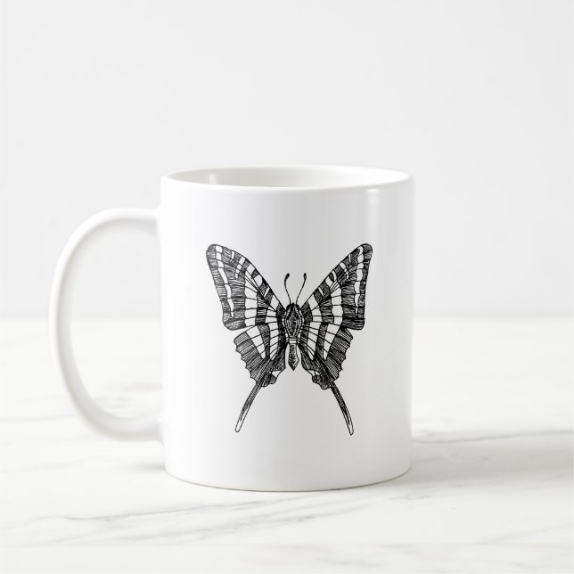 Black & White Zebra Butterfly Bläck Teckning Kaffemugg (Vänster)