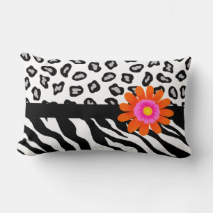 Black & White Zebra & Cheetah Skin & Orange Flower Lumbarkudde