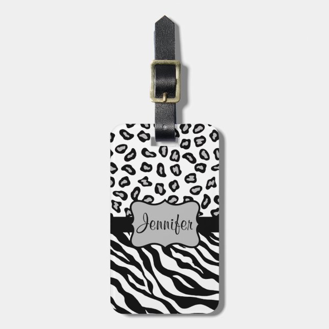 Black & White Zebra & Cheetah Skin Personlig Bagagebricka (Vertikal Framsida)