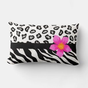 Black & White Zebra & Cheetah Skin & Rosa Flower Lumbarkudde