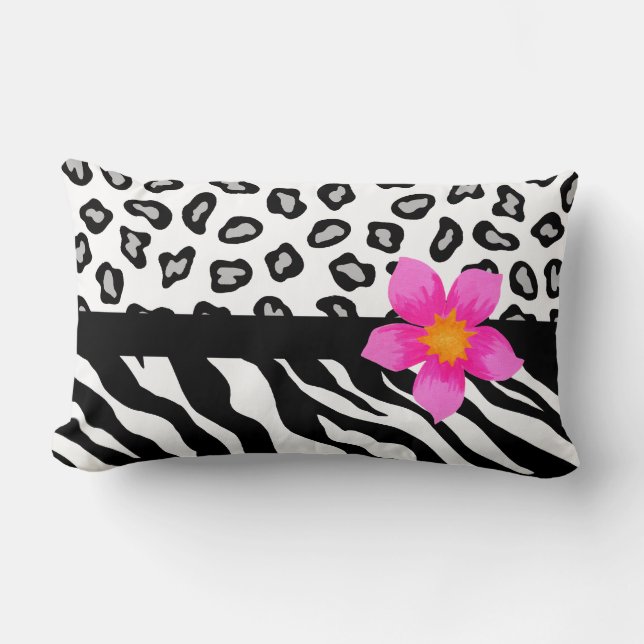 Black & White Zebra & Cheetah Skin & Rosa Flower Lumbarkudde (Framsida)