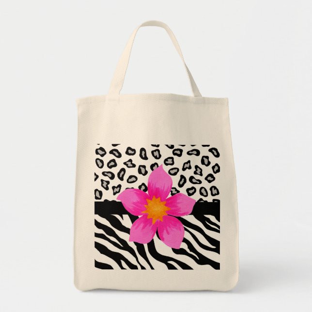 Black & White Zebra & Cheetah Skin & Rosa Flower Tygkasse (Framsidan)