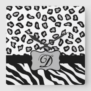 Black White Zebra Leopard Skin Monogram Fyrkantig Klocka