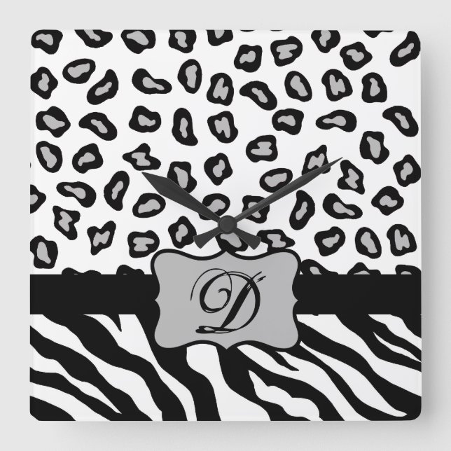 Black White Zebra Leopard Skin Monogram Fyrkantig Klocka (Framsida)