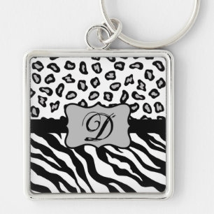 Black White Zebra Leopard Skin Monogram Fyrkantig Silverfärgad Nyckelring