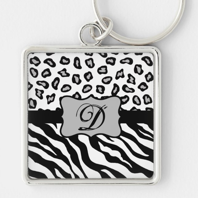 Black White Zebra Leopard Skin Monogram Fyrkantig Silverfärgad Nyckelring (Framsidan)