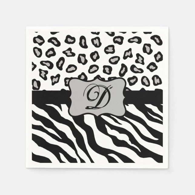 Black White Zebra Leopard Skin Monogram Pappersservett (Framsidan)