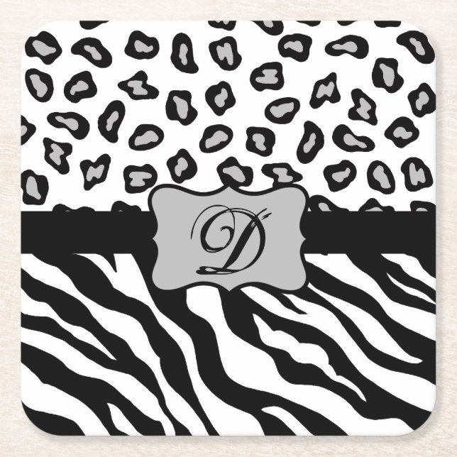 Black White Zebra Leopard Skin Monogram Underlägg Papper Kvadrat (Framsidan)
