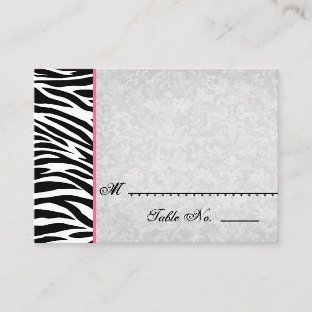 Black White Zebra med Grunge Damask Place-kort Placeringskort (Framsida)