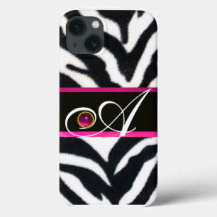 BLACK WHITE ZEBRA PÄLS FUCHSIA ROSA GEM MONOGRAM