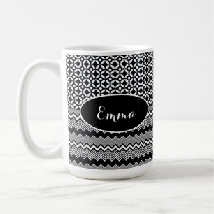 Black & White Zig Zags och Retro Medallion Mönster Kaffemugg
