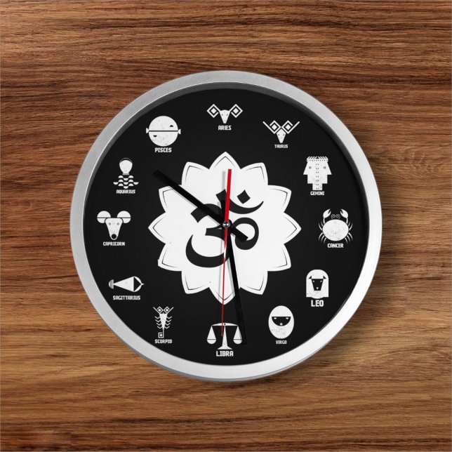 Black & White Zodiac - Vedic Signs with OM Symbol Stor Klocka (The Power of Time Meets the Spirit of the Signs.)
