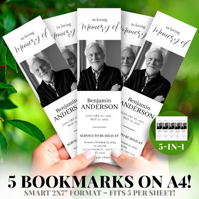 Black WhiteFoto 2 x 7-tums DIY-mall för funktionel ( Foto 2x7" DIY Funeral Bookmark Template)