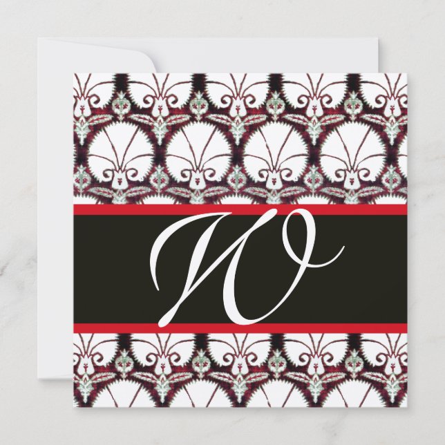 BLACK WHITRED RED DAMASK CARNATIONS MONOGRAM Guld Inbjudningar (Framsida)
