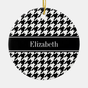 Black Wht Houndstooth Black Namn Monogram Julgransprydnad Keramik