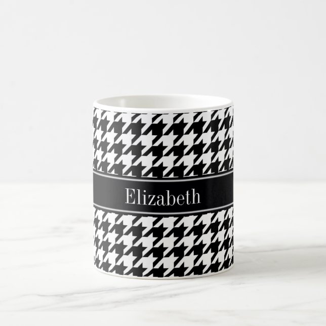 Black Wht Houndstooth Black Namn Monogram Kaffemugg (Center)