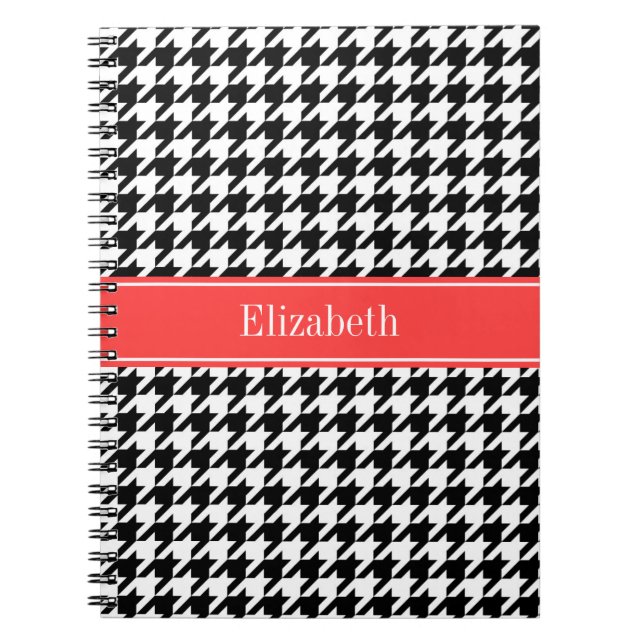 Black Wht Houndstooth Coral Red Namn Monogram Anteckningsbok (Framsidan)