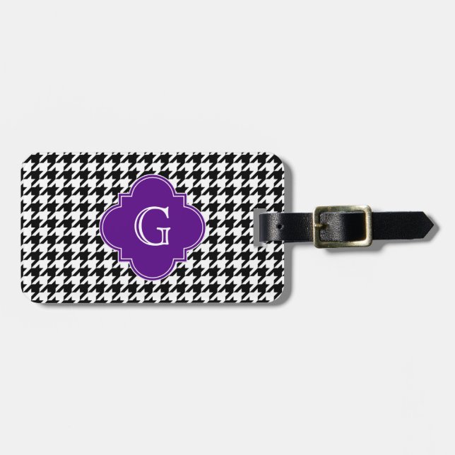 Black Wht Houndstooth Lila Quatrefoil Monogram Bagagebricka (Horisontell Framsida)