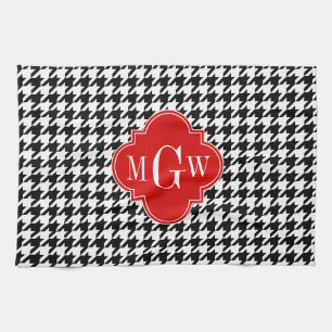 Black Wht Houndstooth Red Quatrefoil 3 Monogram Kökshandduk