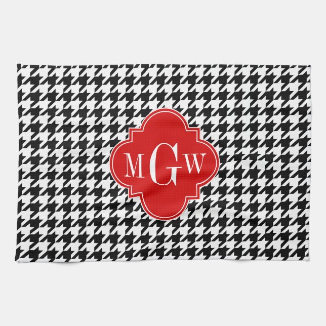 Black Wht Houndstooth Red Quatrefoil 3 Monogram Kökshandduk (Horisontell)